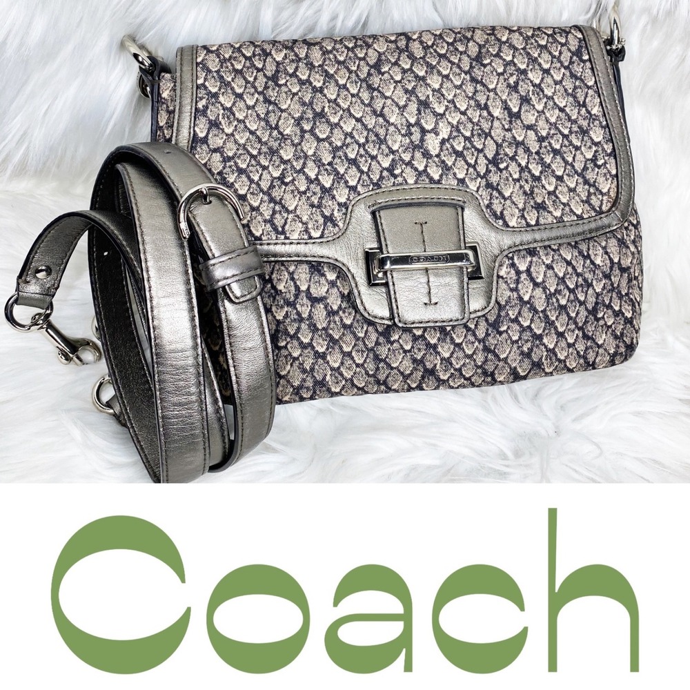 Coach Snakeskin Print Canvas Metallic Leather‎ Shoulder Crossbody Satchel Gray